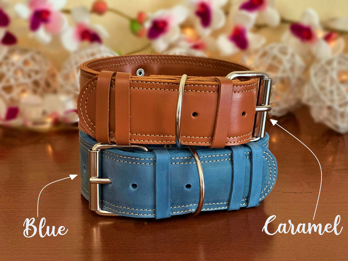 2-inch wide custom leather dog collar with name engraving, perfect for medium to large dog breeds.