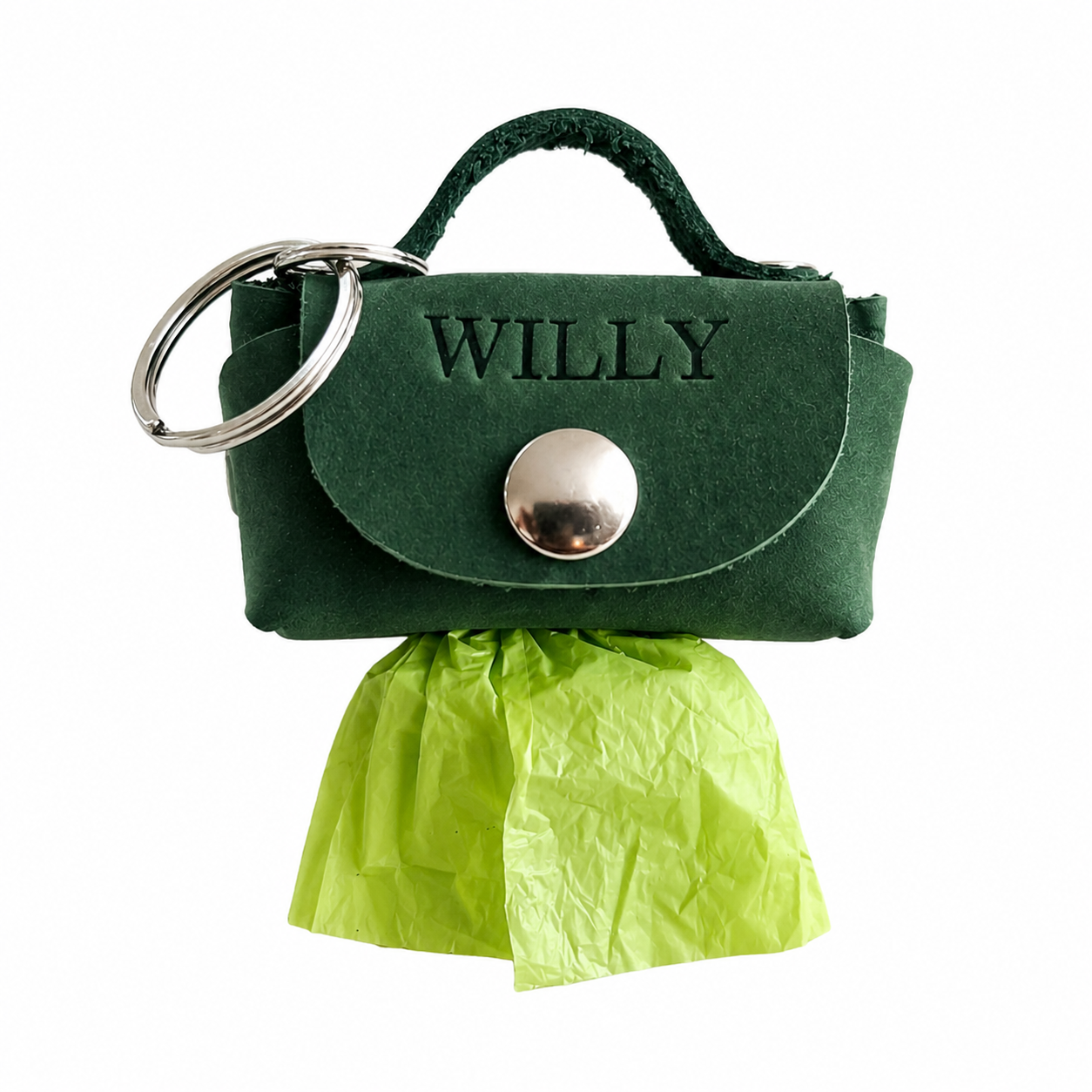 Green handbag-shaped keychain with 'WILLY' branding and a green bow on a white background