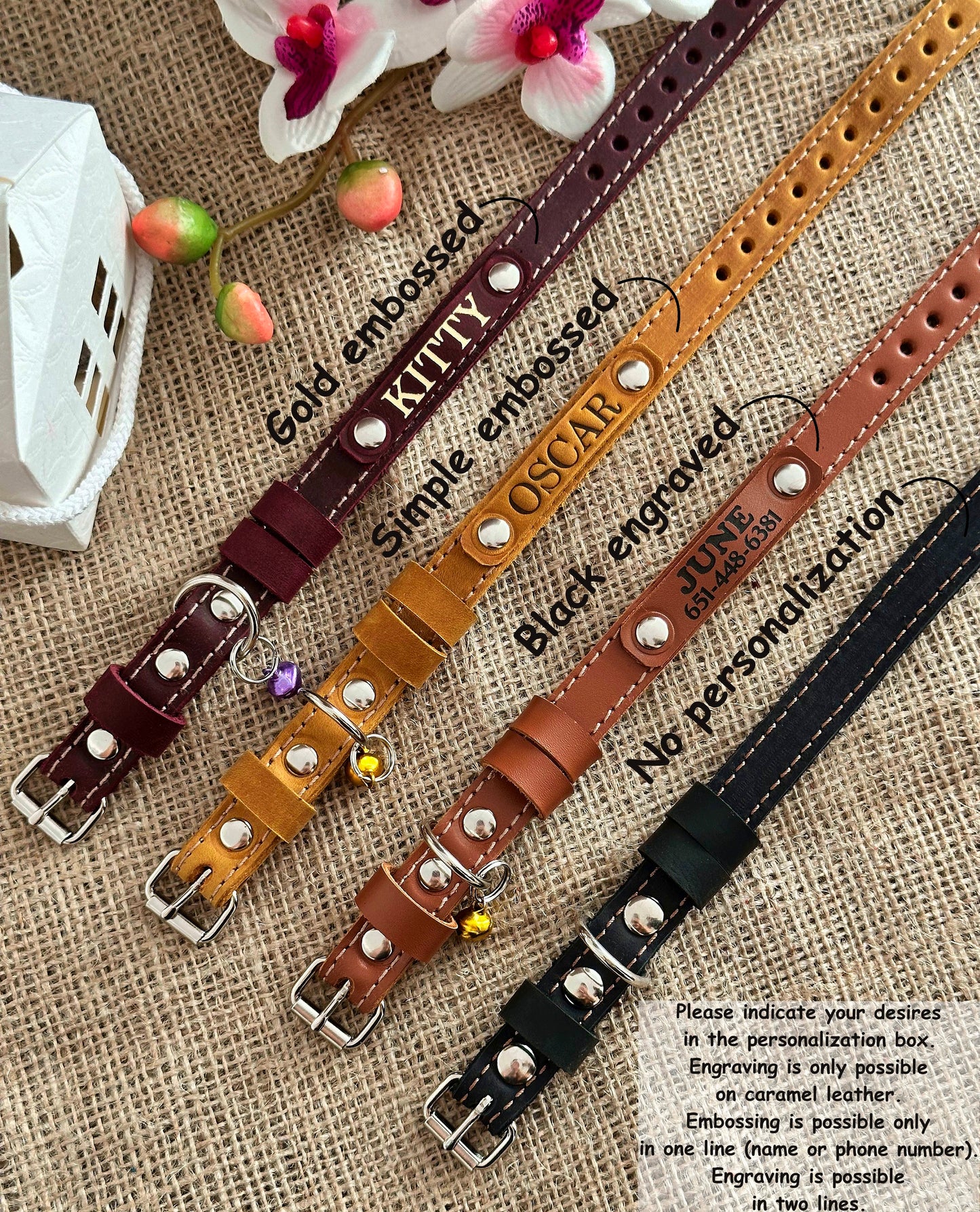 Cute leather kitten collar with engraved name, adjustable for a perfect fit.