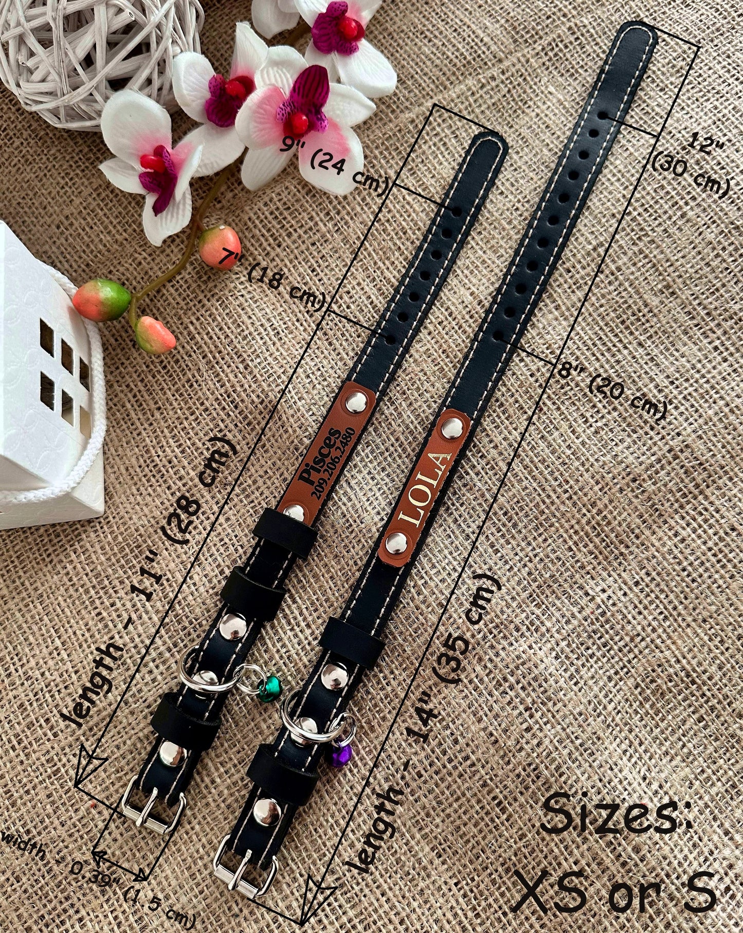 Breakaway leather cat collar with personalization, comfortable and lightweight.