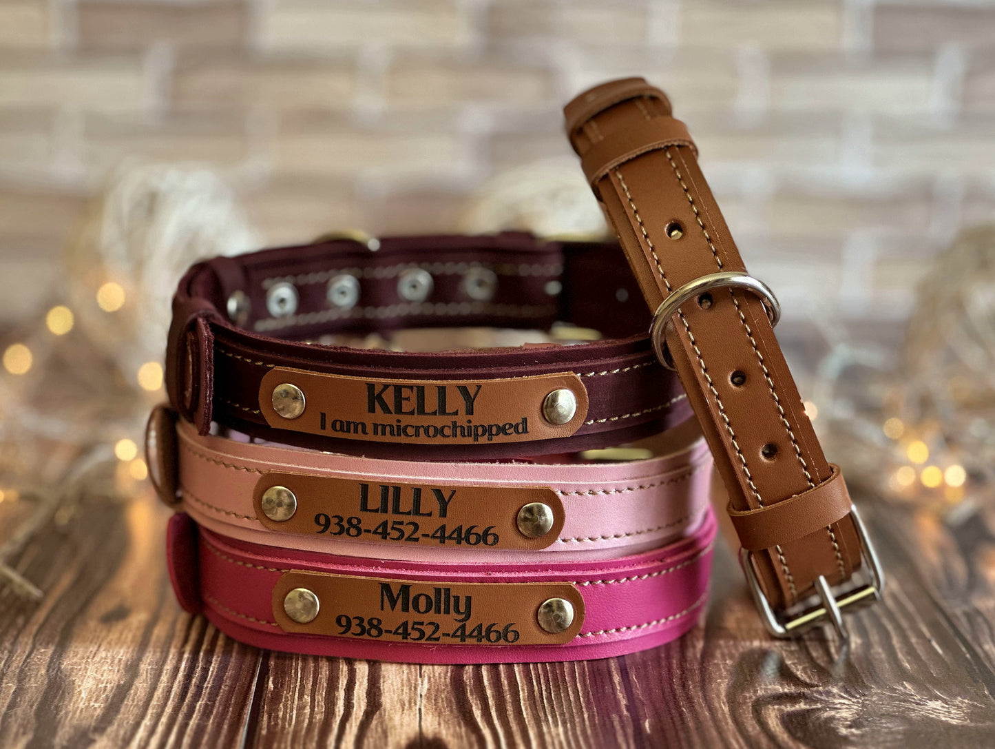 Side view of engraved leather collar showing fine stitching