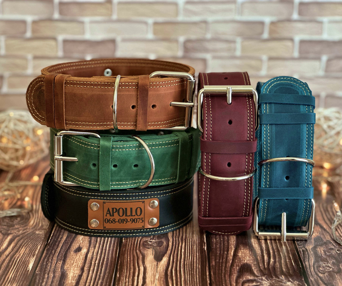 Engraved custom leather dog collar with name and contact details, perfect for added pet security and style.
