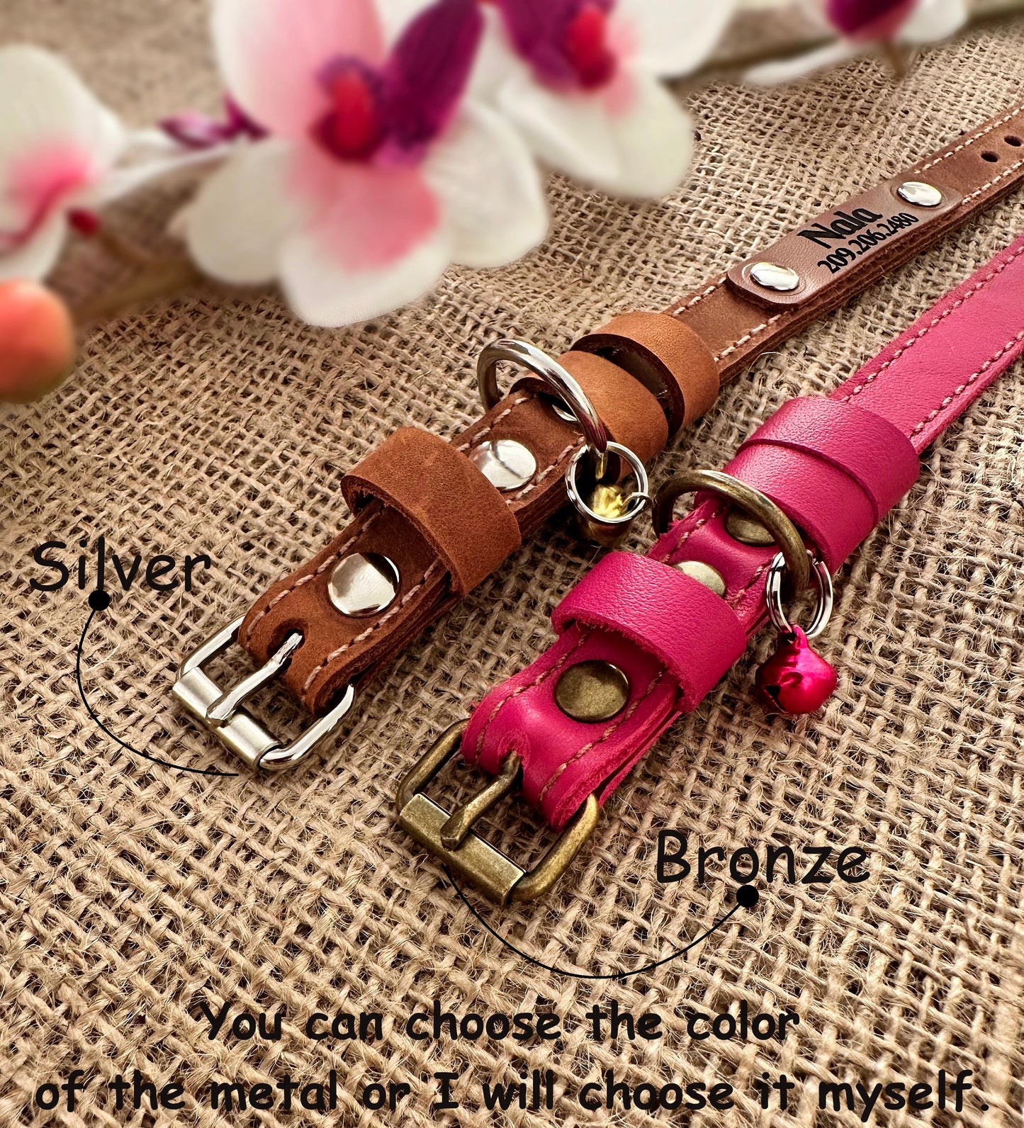 High-quality leather pet collar with custom engraving, great for gifts.