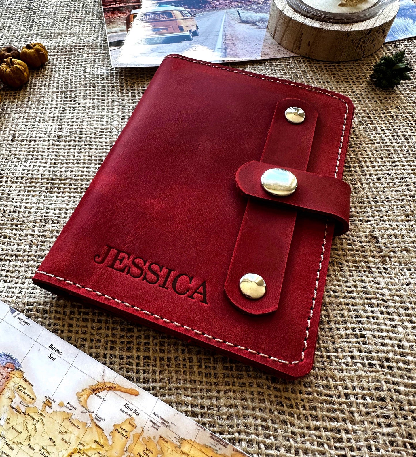 Leather passport wallet red