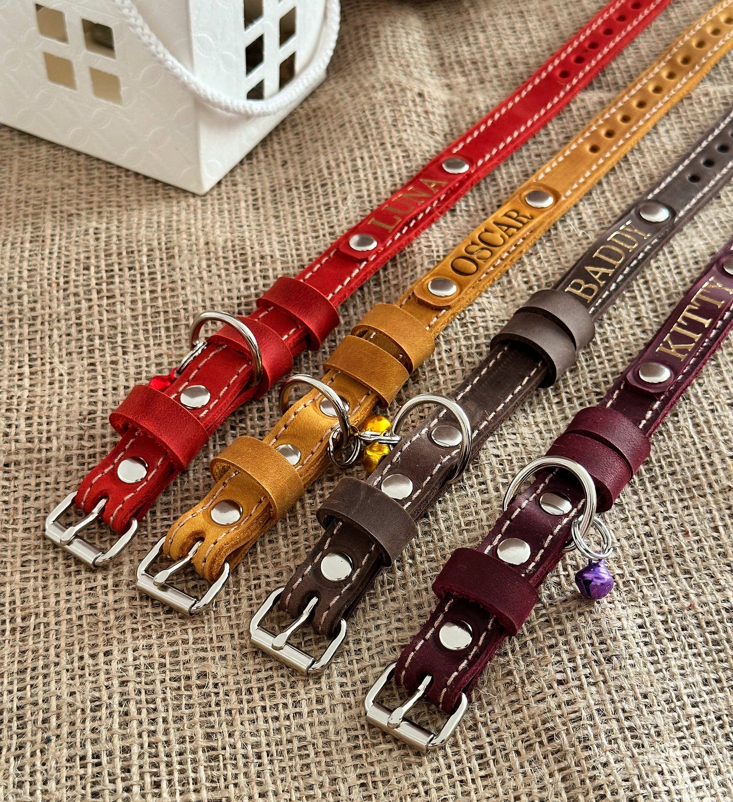Custom leather cat collar with nameplate, adjustable and comfortable for small pets.