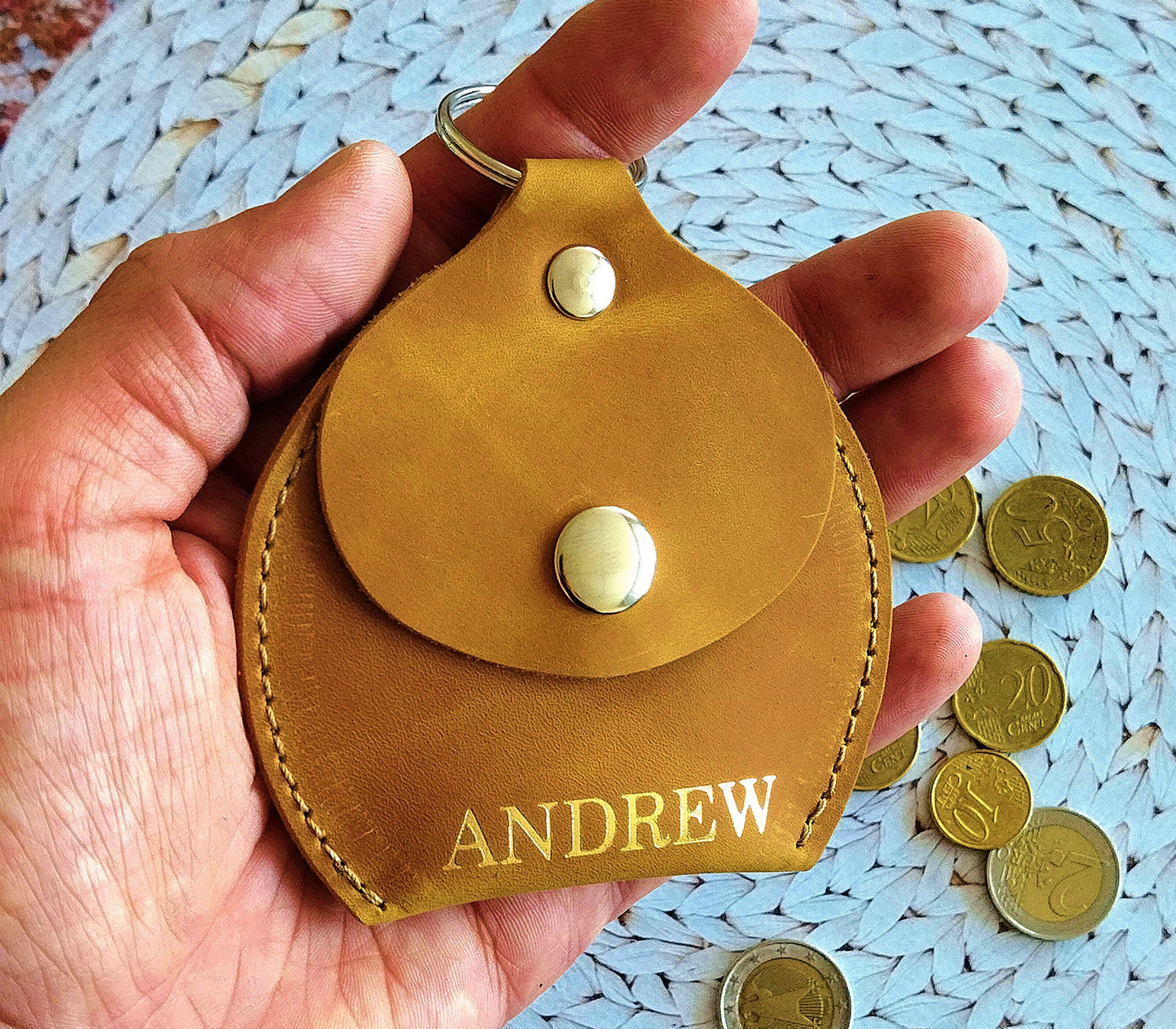 Personalized leather coin pouch designed as a perfect gift for birthdays or special occasions