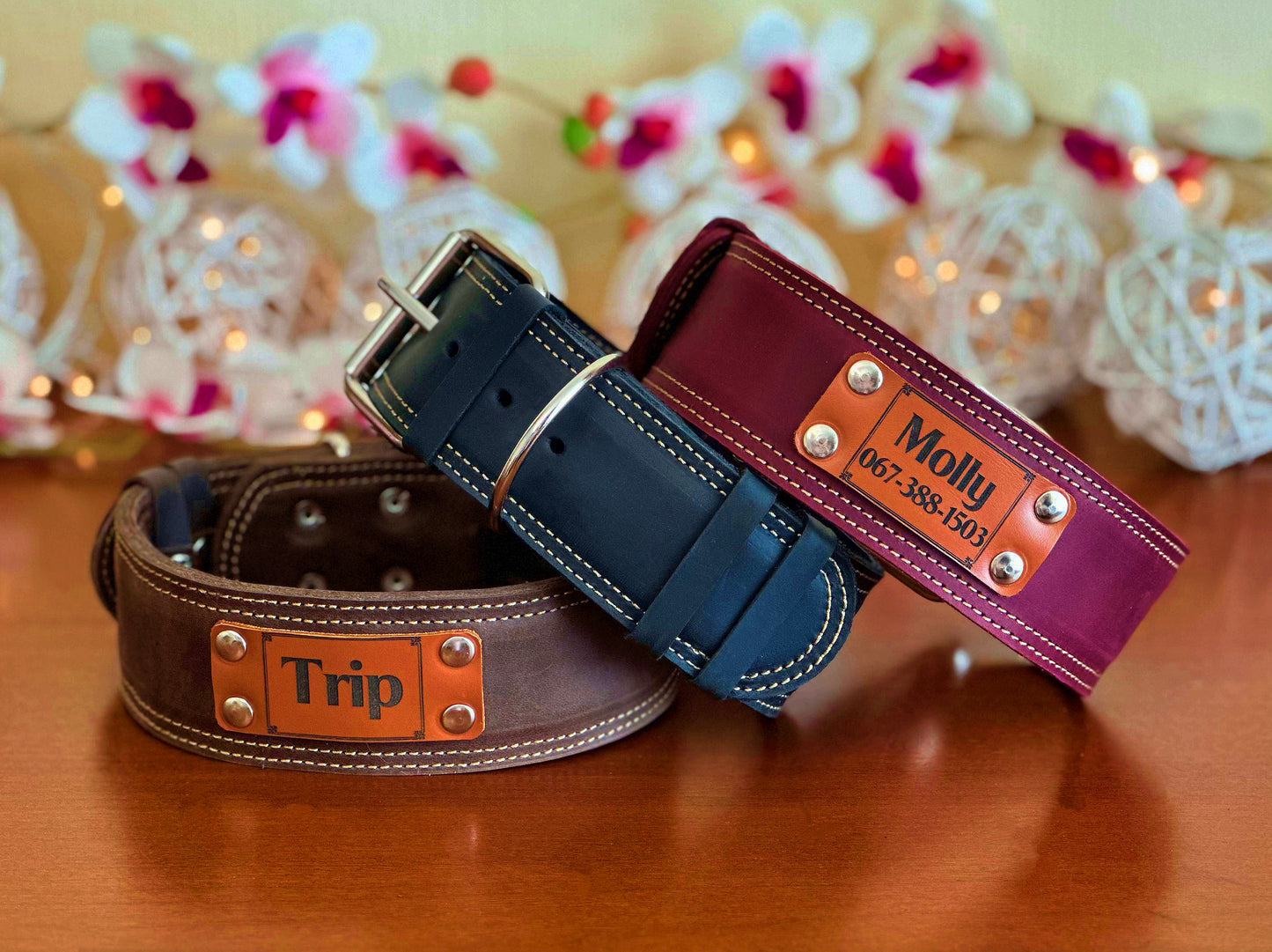 Strong 2-inch wide leather dog collar with name engraving, ideal for medium to large dog breeds that need a durable collar.