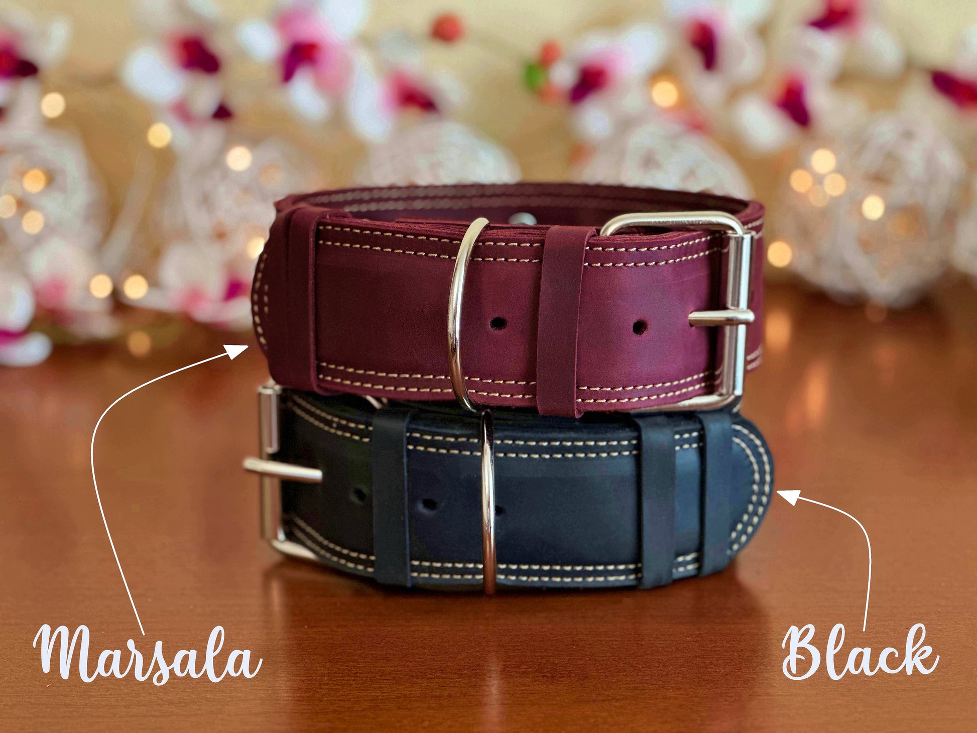 2-inch sturdy leather dog collar with name engraving, designed for comfort and strength for strong and active dogs.