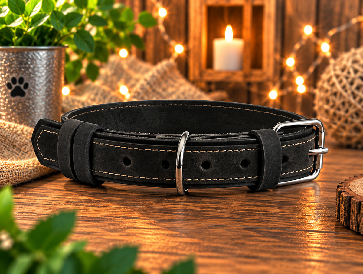 A black leather dog collar with light tan contrast stitching and a silver metal buckle, displayed on a wooden table with a cozy rustic background featuring a lit candle, burlap, and string lights.