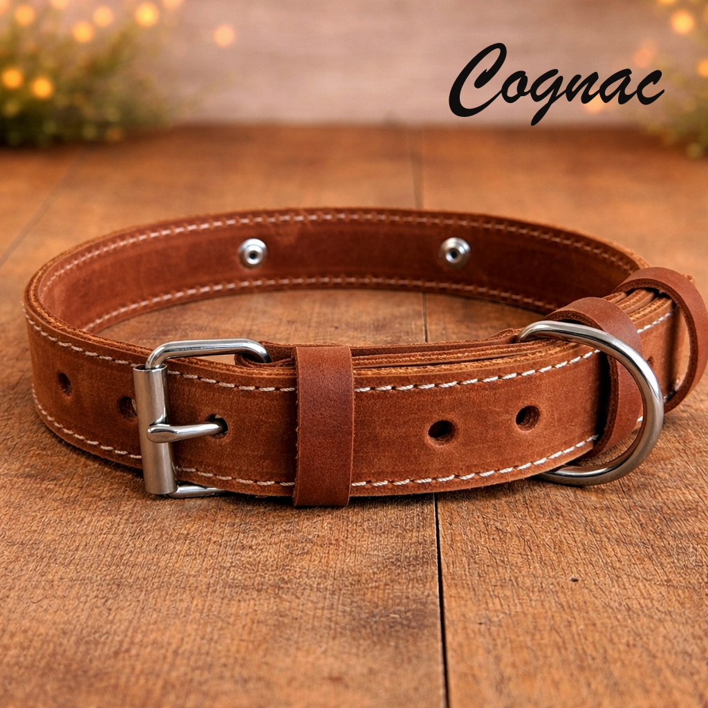 Brown leather dog collar with silver hardware on a wooden surface, branded 'Cognac'.