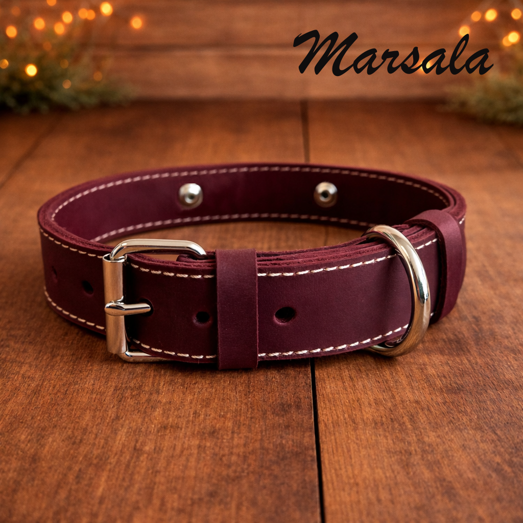 Maroon leather dog collar with silver hardware on a wooden surface, branded 'Marsala'.