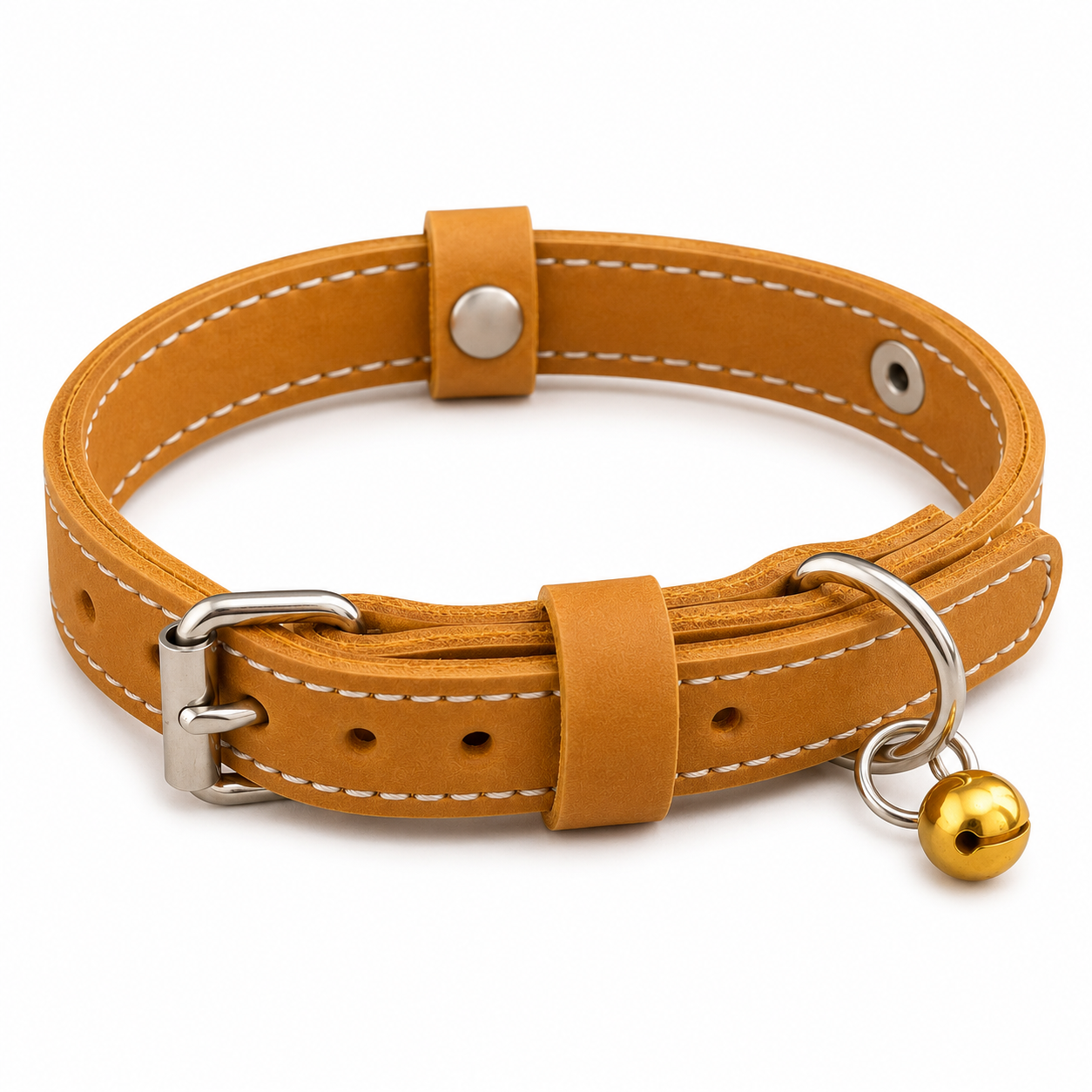 Brown leather dog collar with metal hardware and a gold bell on a white background