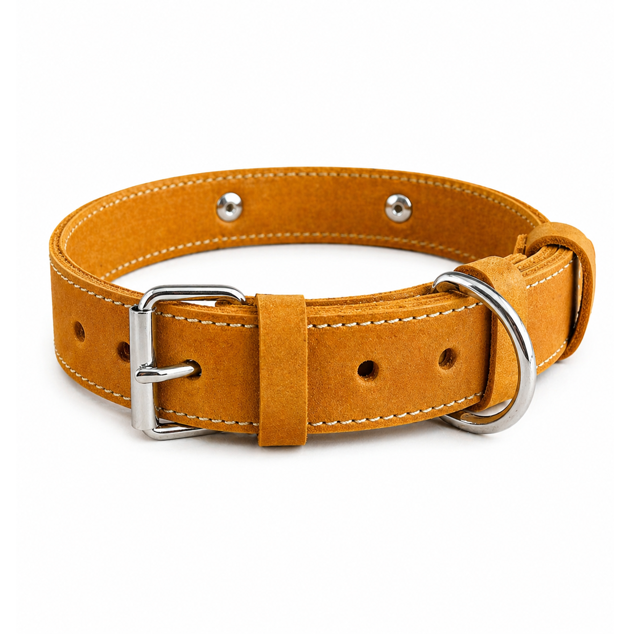 Brown leather dog collar with metal hardware on a white background