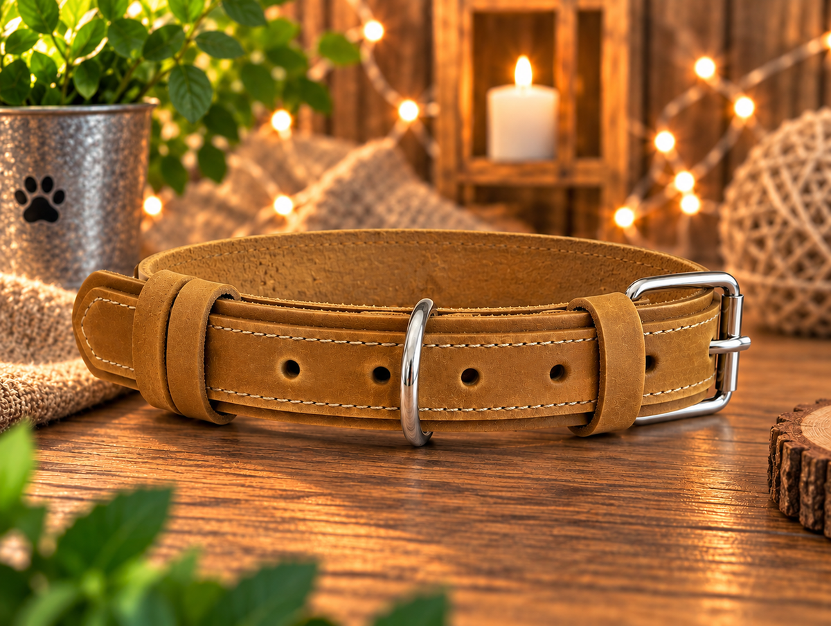 A tan leather dog collar with silver metal hardware, displayed on a rustic wooden surface with a warm, cozy background featuring a lit candle, string lights, and burlap.