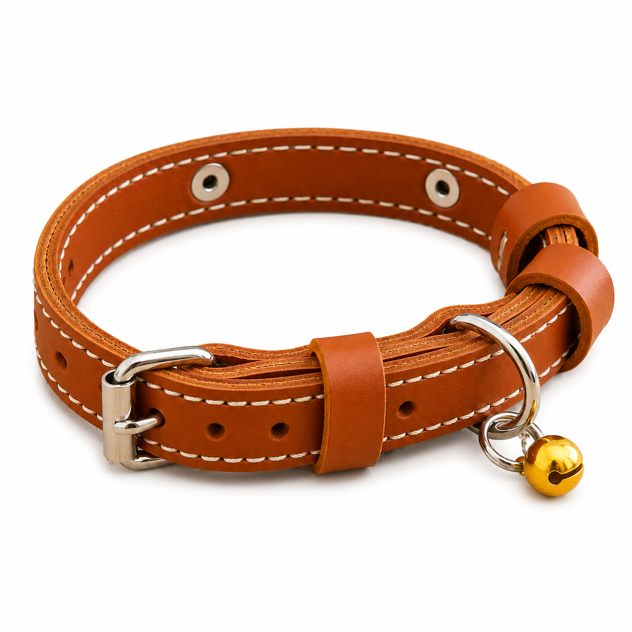 Brown leather dog collar with a gold bell on a white background
