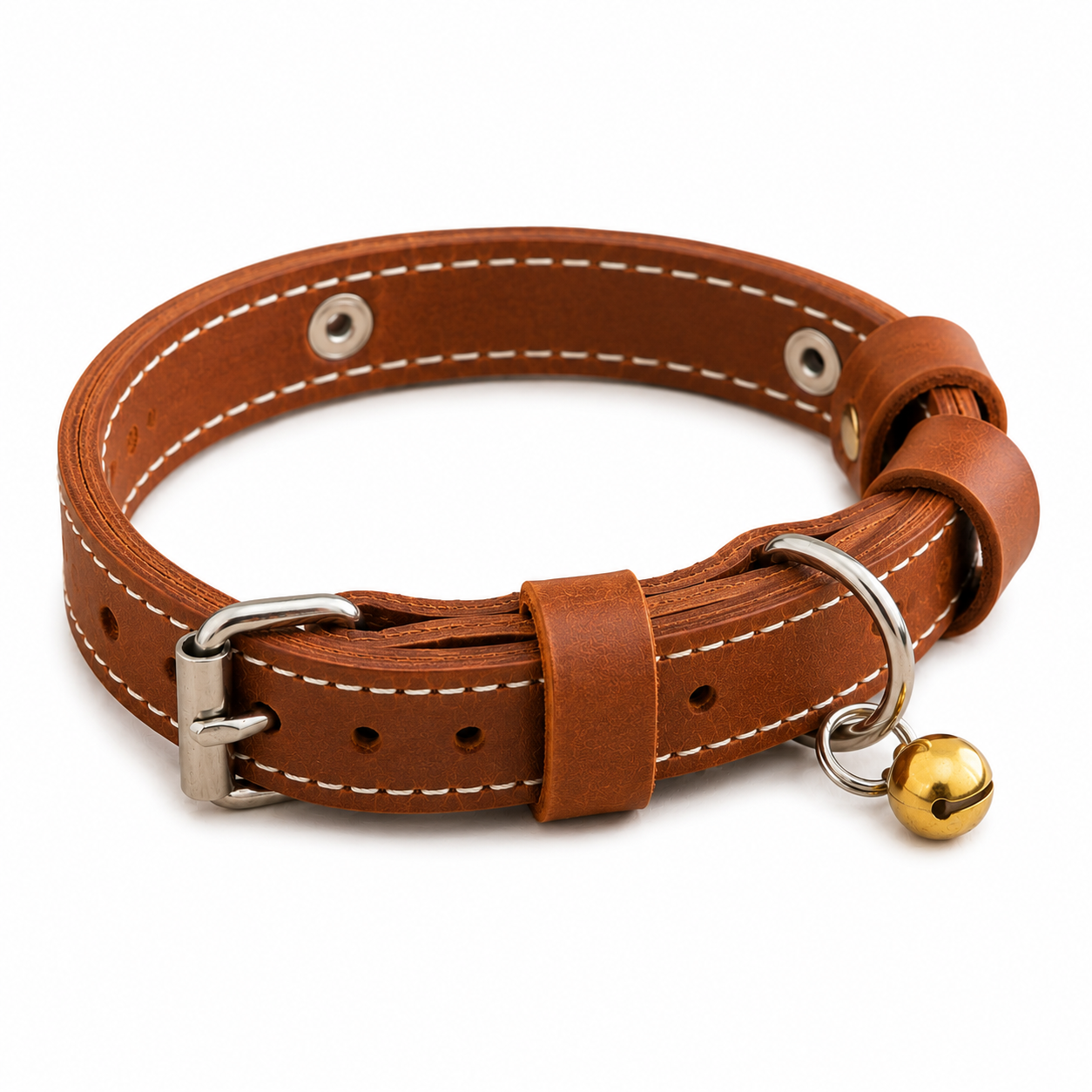 Brown leather dog collar with a gold bell on a white background