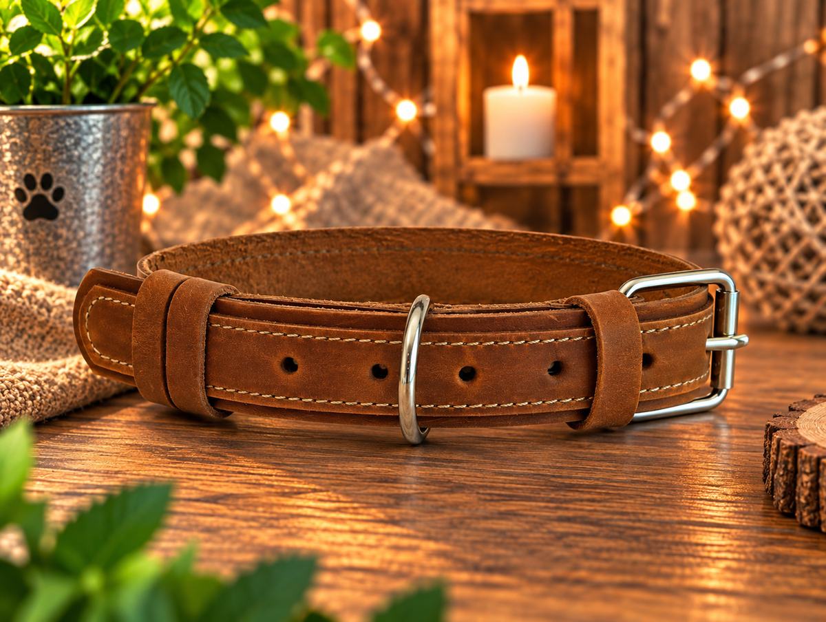 A brown leather dog collar with a silver metal buckle, displayed on a rustic wooden table with warm bokeh background elements including a lit candle, string lights, and a potted plant.