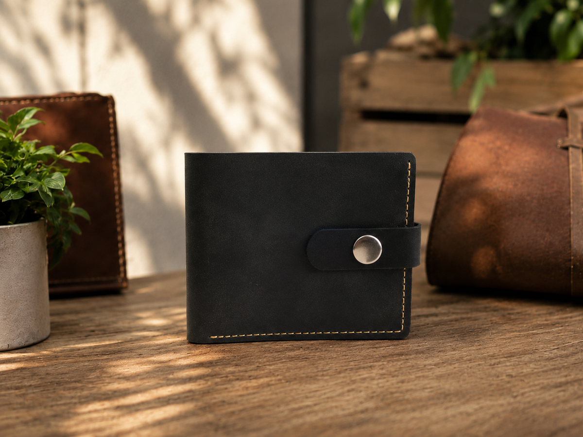 A dark brown leather bifold wallet with a snap-button strap closure, displayed on a rustic wooden table with warm natural light and shadow patterns