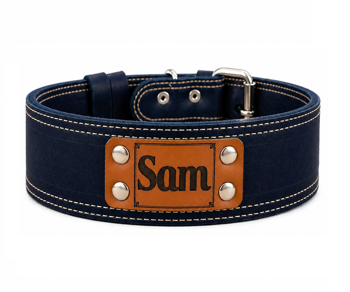 Navy blue dog collar with a brown leather patch displaying 'Sam' on a white background