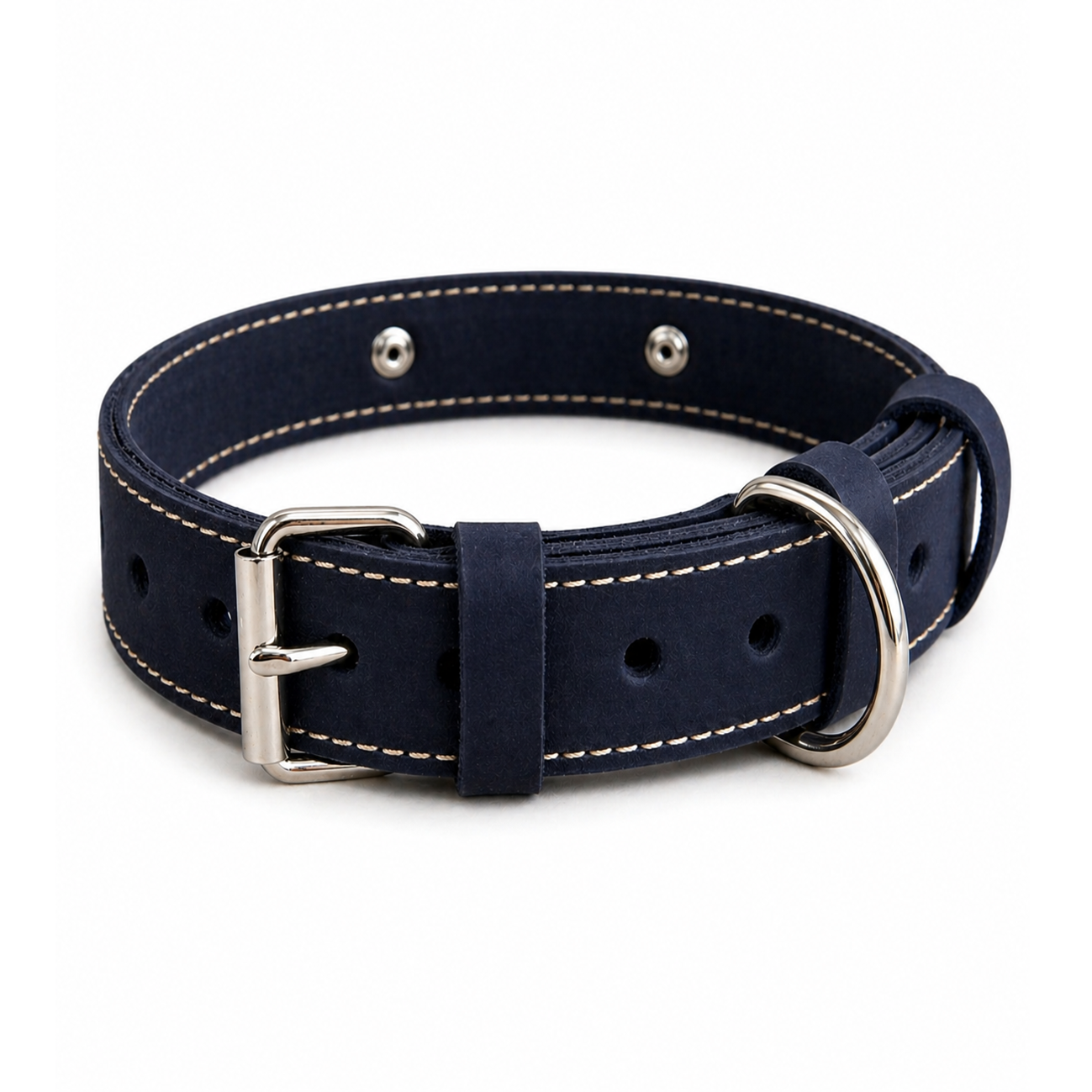 Navy leather dog collar with silver hardware on a white background