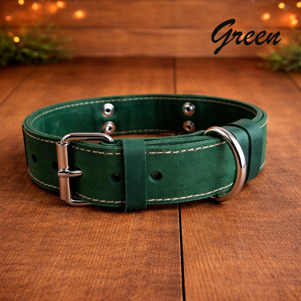 Green leather dog collar with silver hardware on a wooden surface