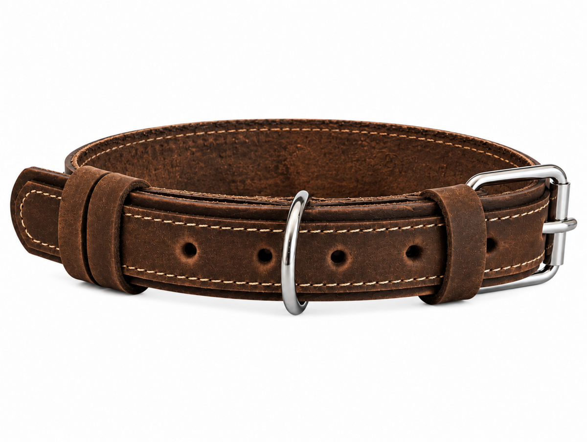 A brown leather dog collar with silver-tone metal hardware, including a buckle, ring, and adjustment holes, shown on a plain white background.