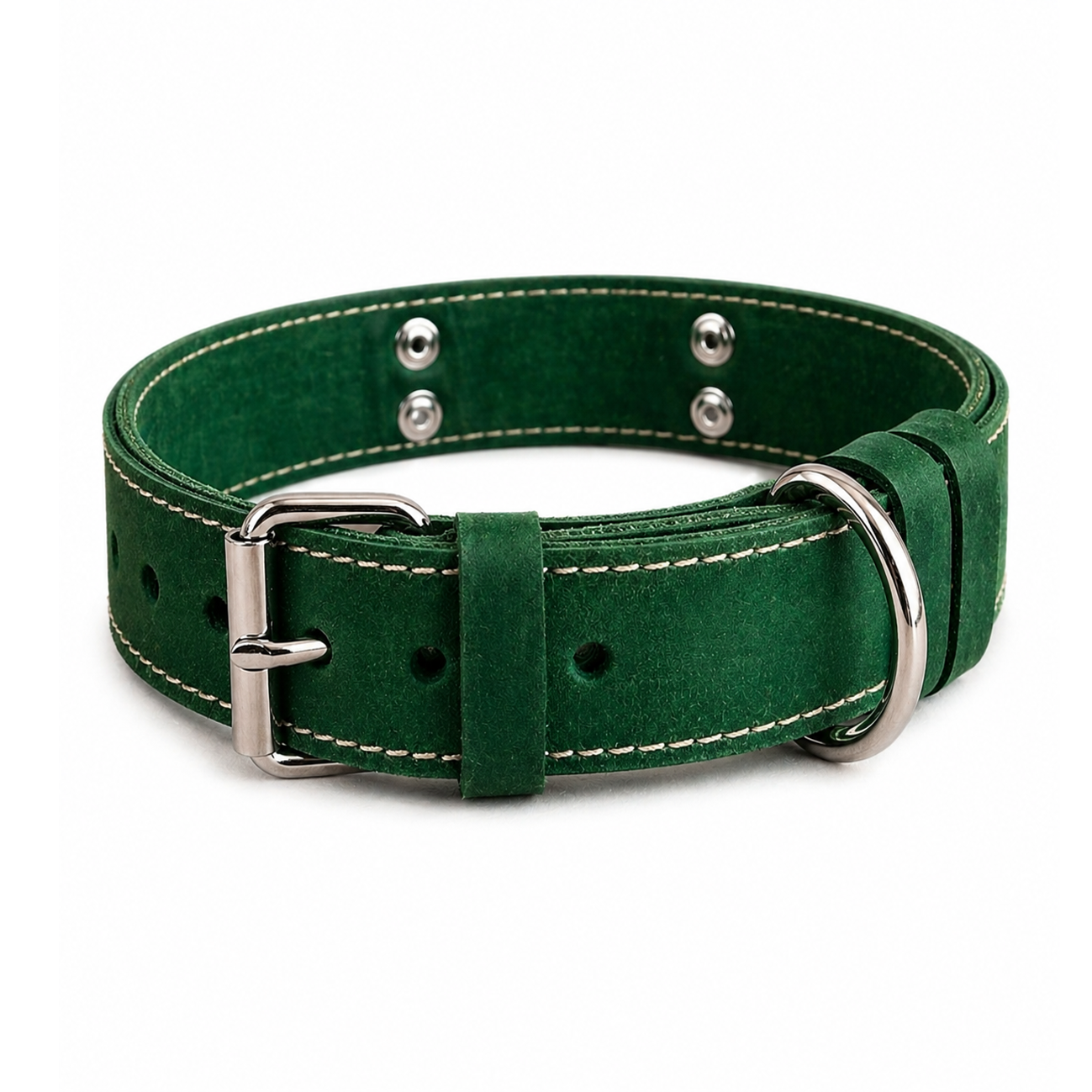 Green leather dog collar with silver hardware on a white background