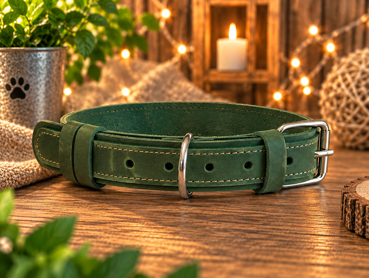 A green leather dog collar with silver metal hardware, displayed on a rustic wooden table with a cozy background featuring a lit candle, burlap, and warm fairy lights.