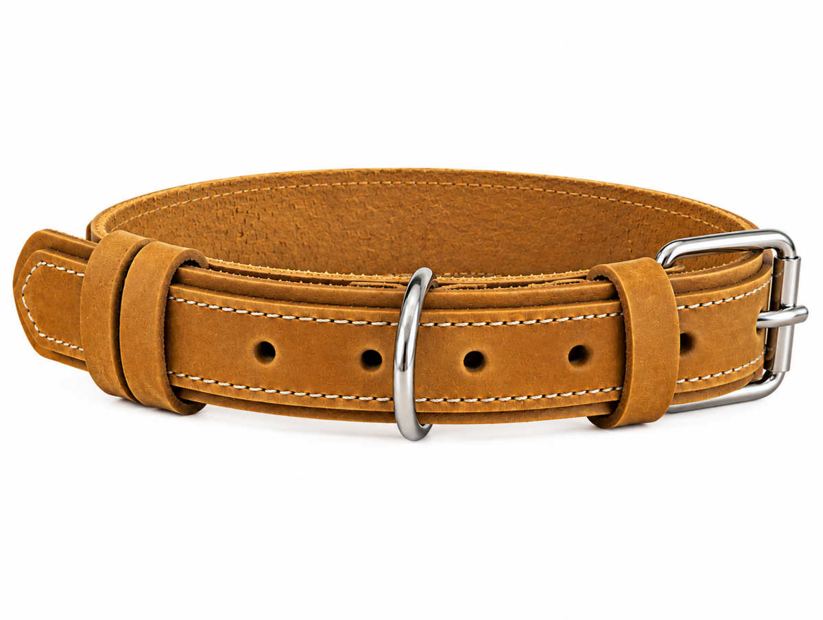 A tan leather collar with white contrast stitching and silver-tone metal hardware, including a buckle, D-ring, and keeper, shown on a plain white background.