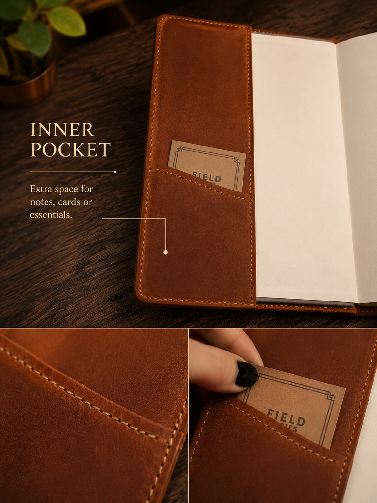 Brown leather notebook cover shown open on a dark wooden surface, with a pocket holding a card and the text 'INNER POCKET' and 'Extra space for notes, cards or essentials.' Two smaller detail panels at the bottom show close-ups of the pocket stitching and a hand placing a card into the pocket.