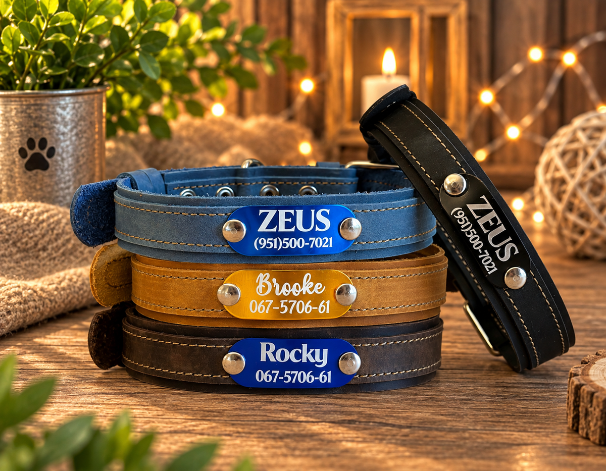Three personalized pet collars stacked on a wooden surface: a blue collar labeled ZEUS, a tan collar labeled Brooke, and a black collar leaning against them labeled ROCKY. The scene includes warm string lights, a candle, burlap, and greenery in the background.