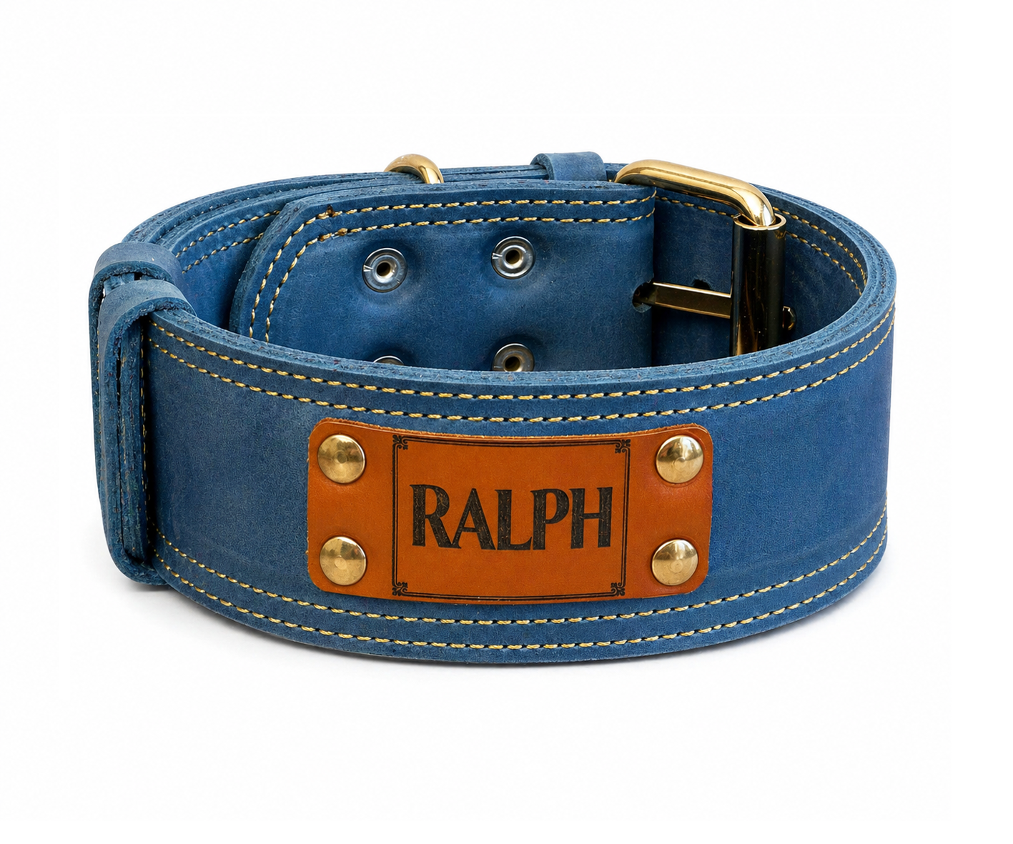 Blue leather dog collar with a brown patch displaying 'RALPH' on a white background