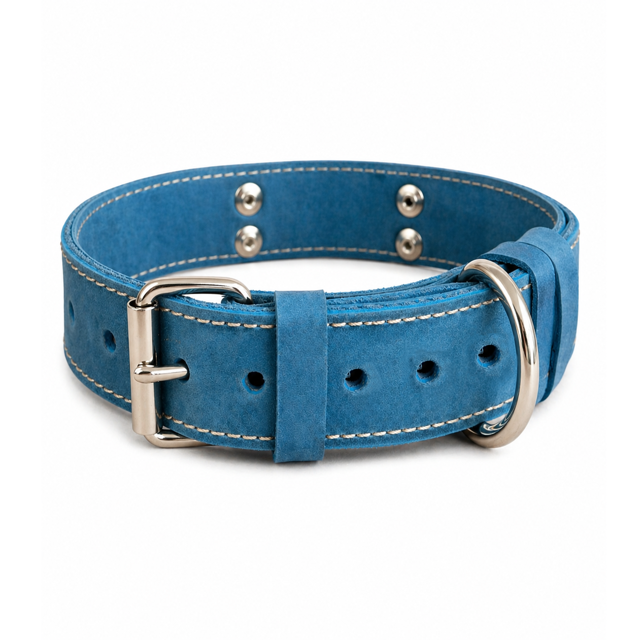 Blue leather dog collar with silver hardware on a white background