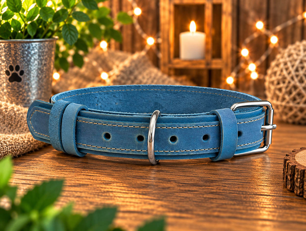 A blue leather dog collar with silver hardware, displayed on a wooden table with a warm, cozy background featuring a lit candle, string lights, and a potted plant.