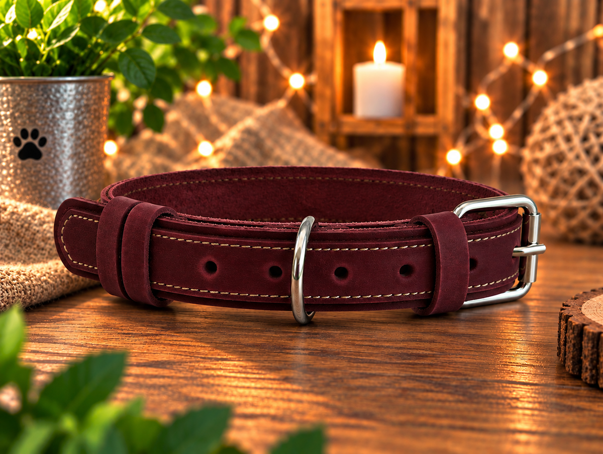A dark burgundy leather dog collar with white contrast stitching and a silver metal buckle, displayed on a rustic wooden table with warm bokeh background elements including a candle, string lights, and a potted plant.