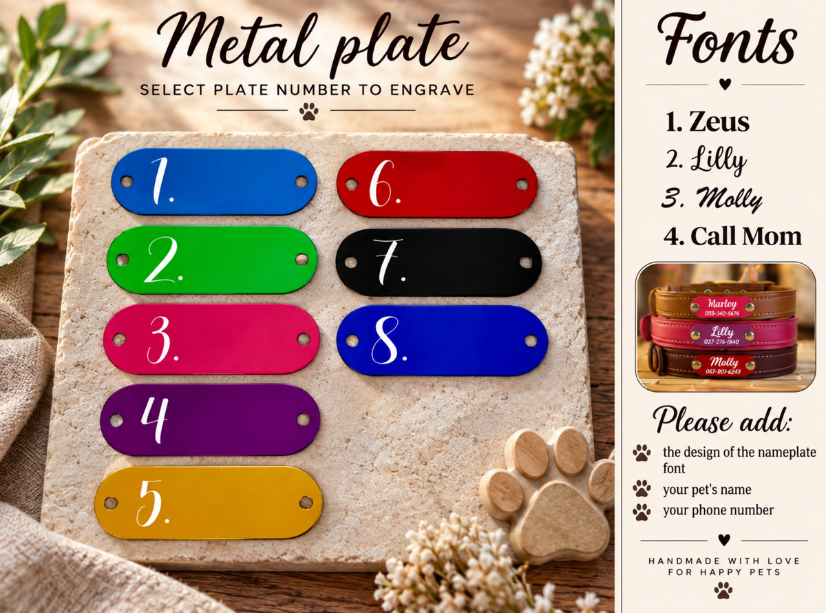 Custom metal pet nameplates shown on a stone board with engraved sample numbers 1 through 8 in blue, red, green, pink, purple, and gold. The right side includes a fonts and customization guide with text and a small photo of engraved nameplates on pet food bowls.