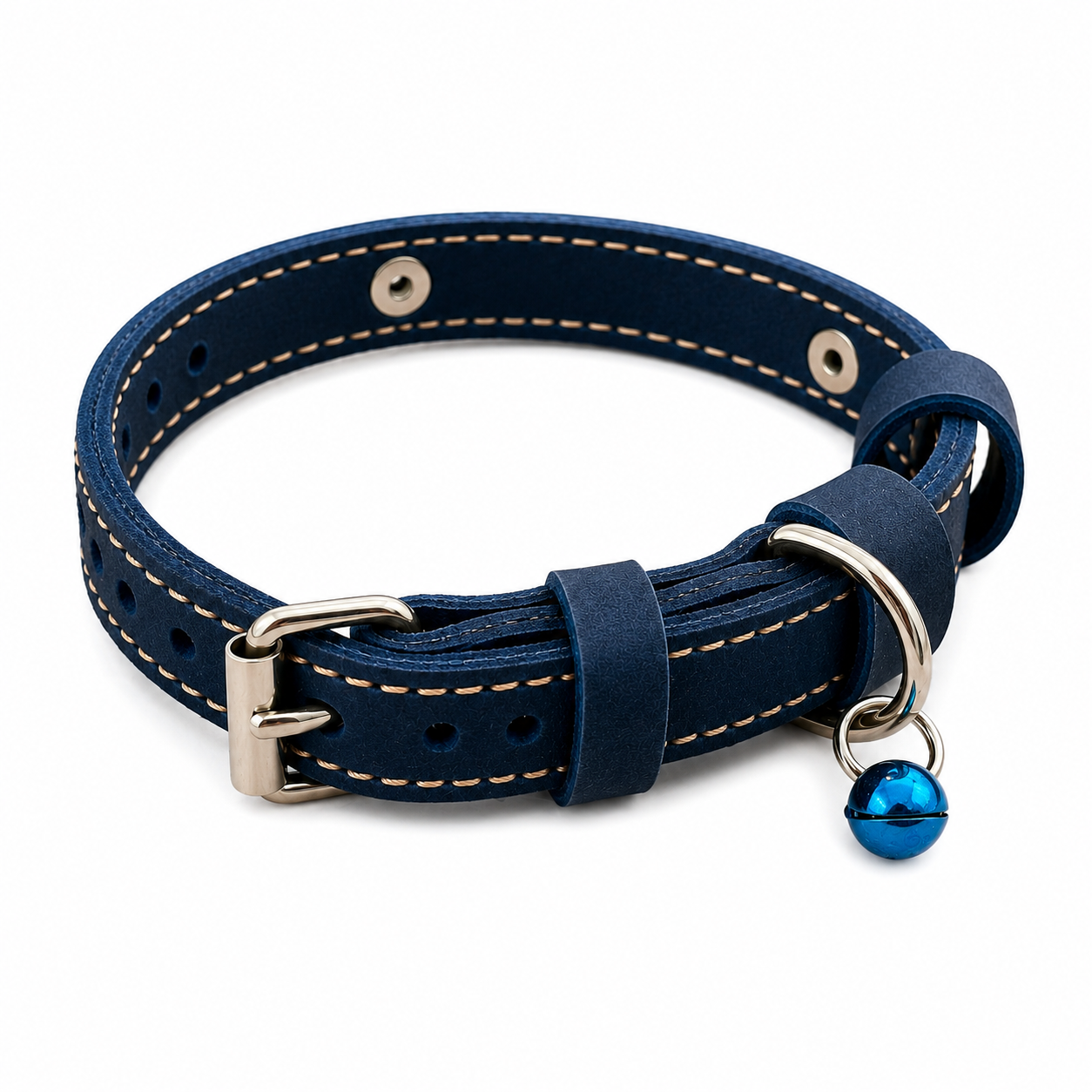 Blue leather dog collar with a silver buckle and blue bell on a white background