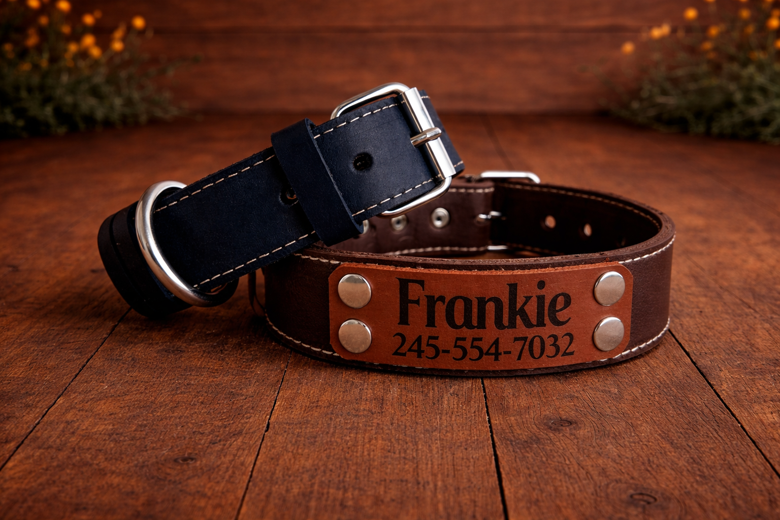 Two dog collars, one black and one brown with engraved details, on a wooden surface.