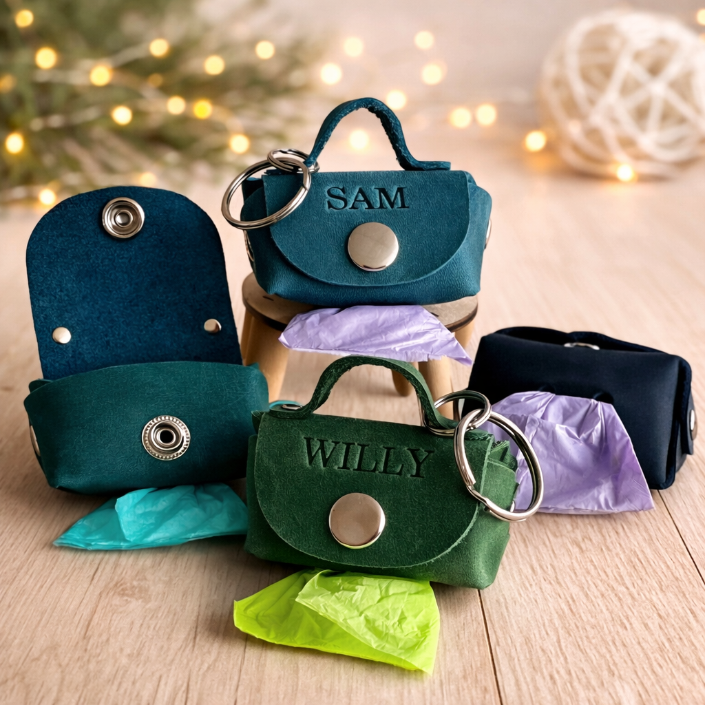 Set of small handbag-shaped keychains with names 'SAM' and 'WILLY' on a wooden surface.