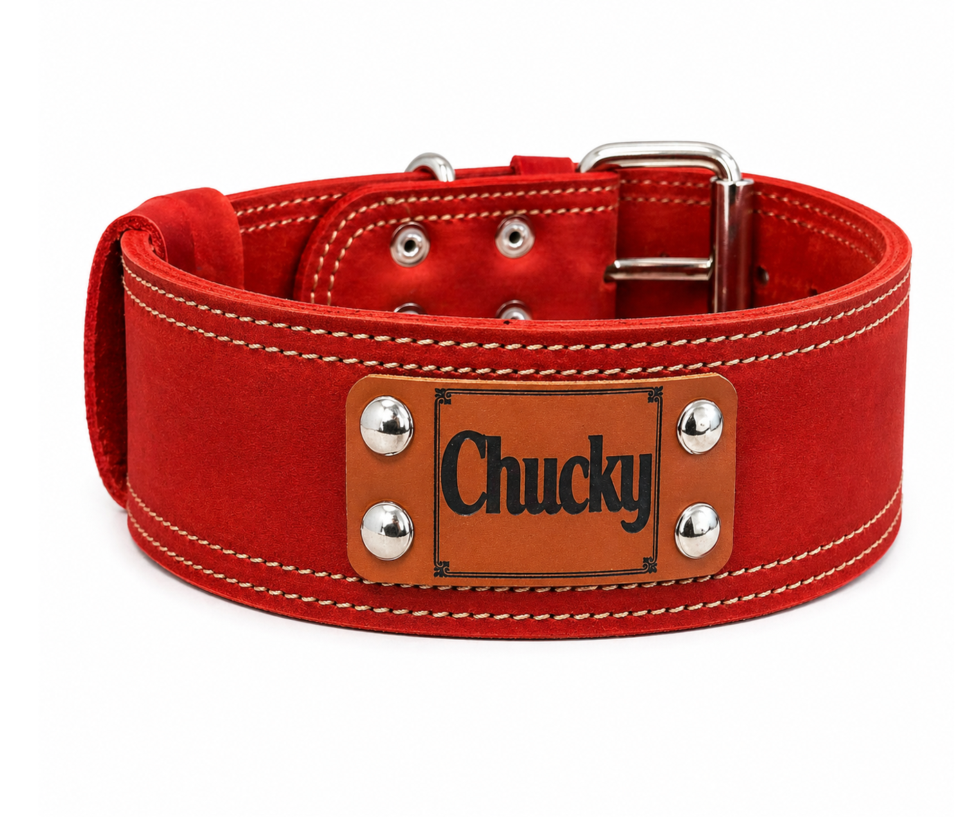 Red dog collar with 'Chucky' tag on a white background