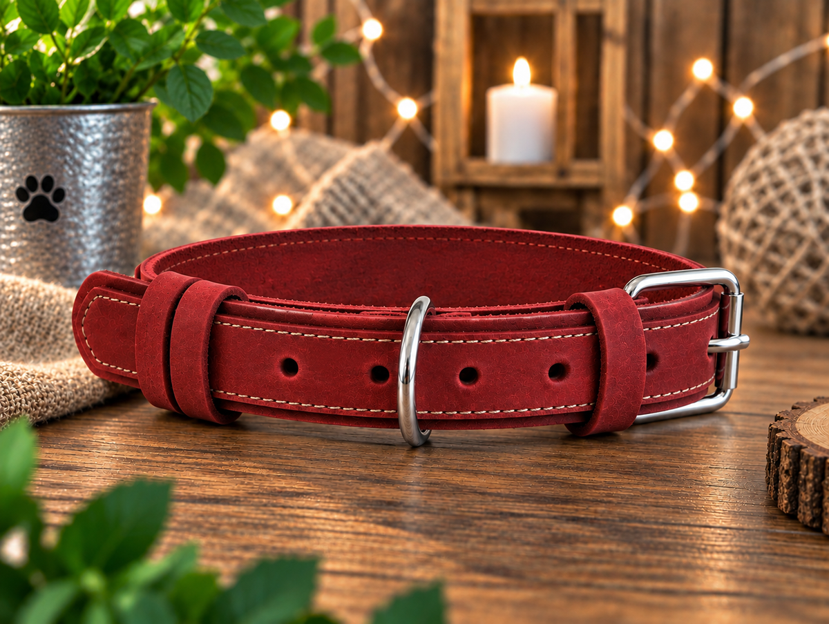 A red leather dog collar with silver metal hardware, displayed on a rustic wooden table with a potted plant, burlap, and a lit candle in the background.