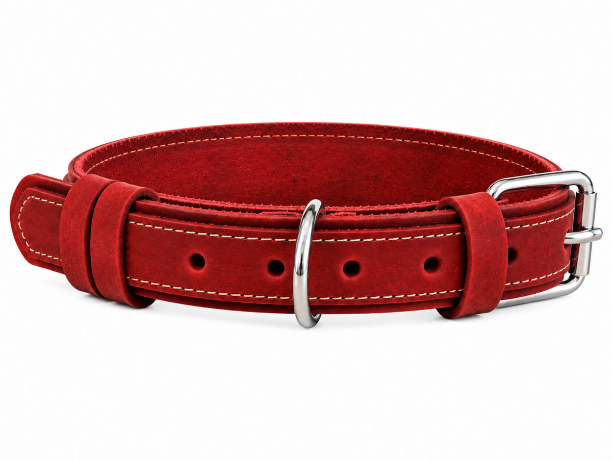 A red suede dog collar with white contrast stitching and a silver-tone metal buckle, shown on a plain white background.
