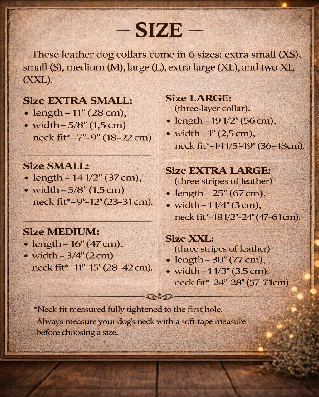 Size chart for leather dog collars on a wooden background
