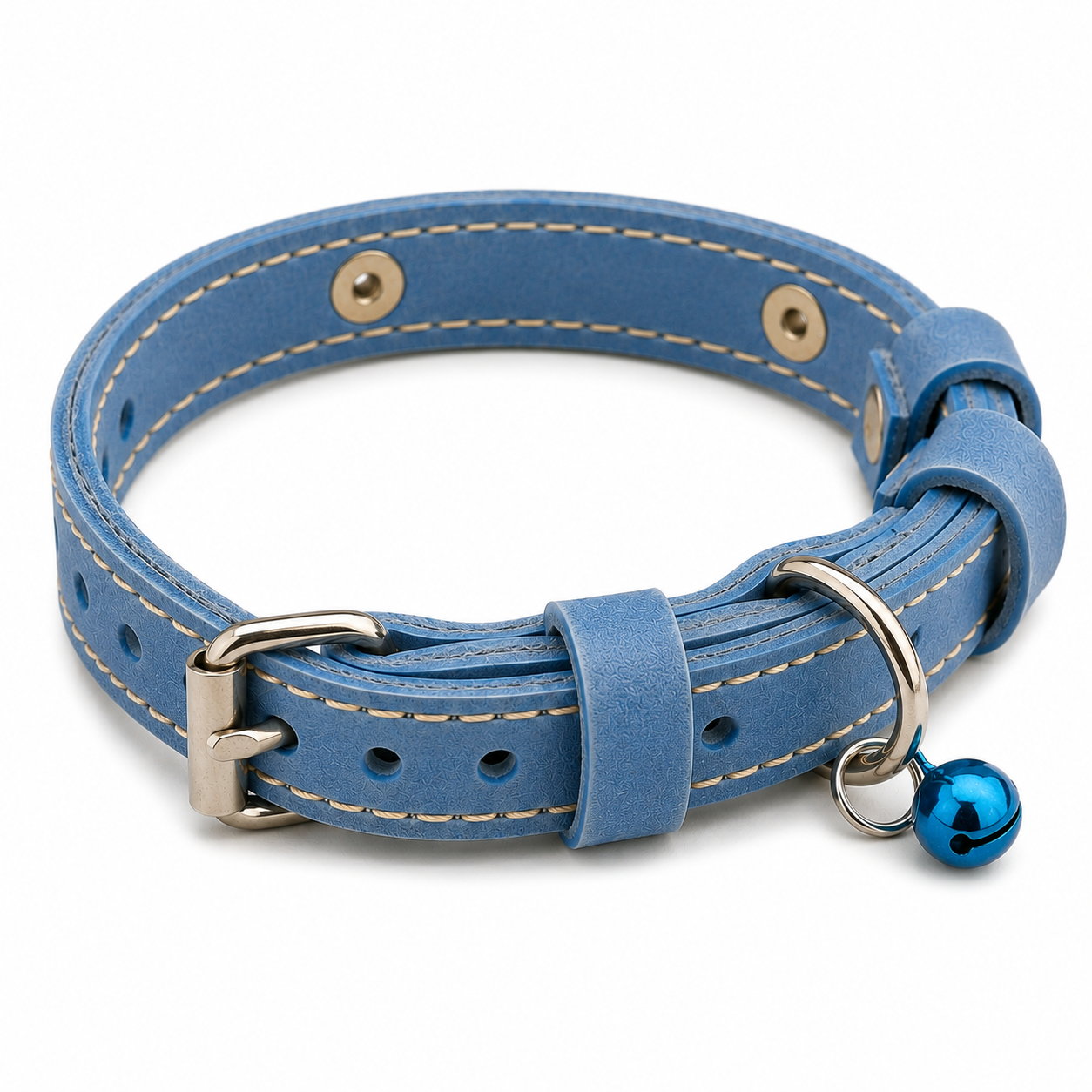 Blue leather dog collar with a bell on a white background