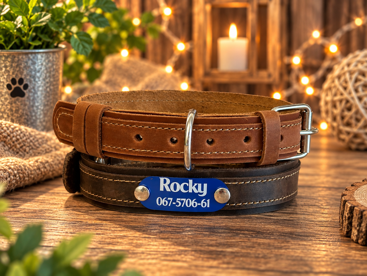 Two leather dog collars stacked on a rustic wooden table, with a blue custom nameplate reading 'Rocky 067-5706-61'. The top collar is tan-brown and the bottom is dark brown.