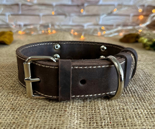 Narrow leather strap collar with metal hardware