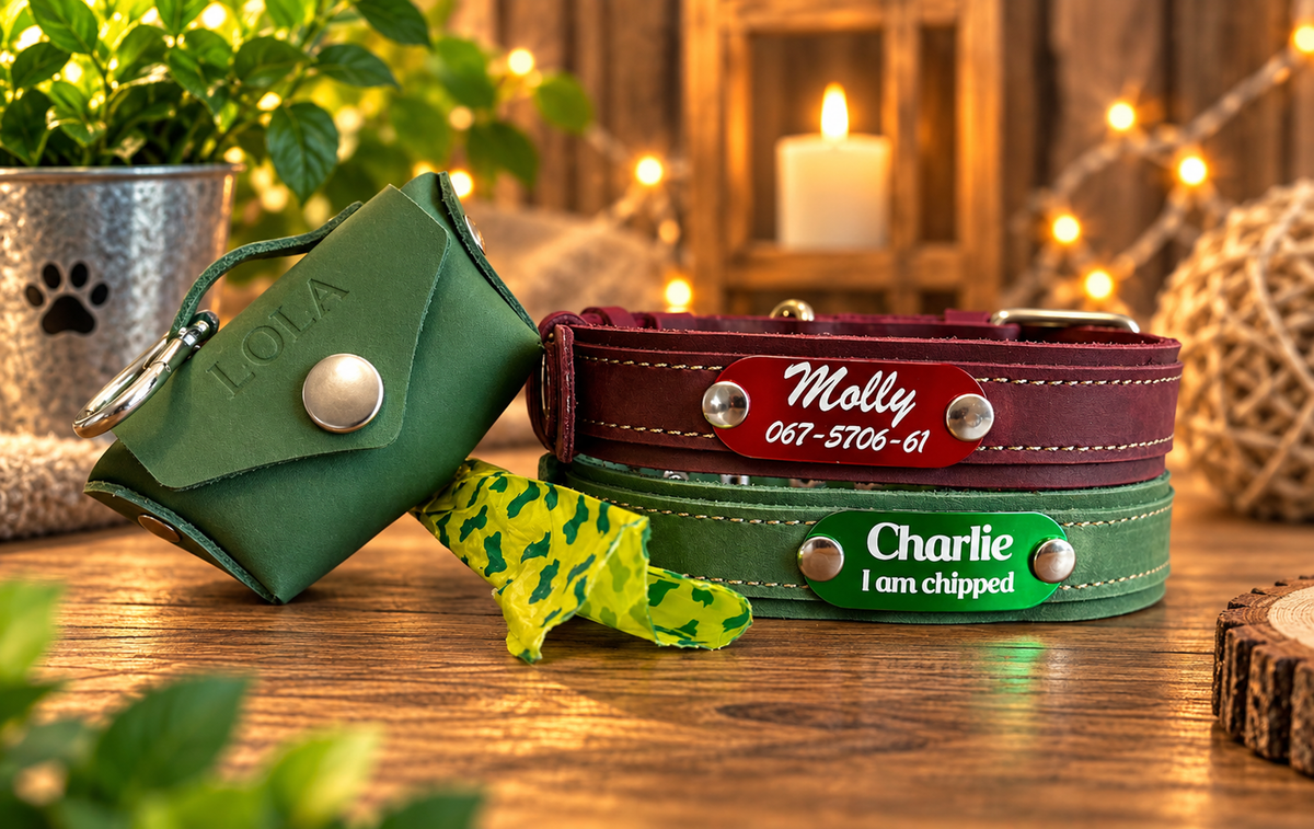 Three personalized pet collars and a matching leather key case are arranged on a wooden table with warm string lights and plants in the background. The collars are green, burgundy, and olive green, each with a silver metal rivet and a custom engraved nameplate.