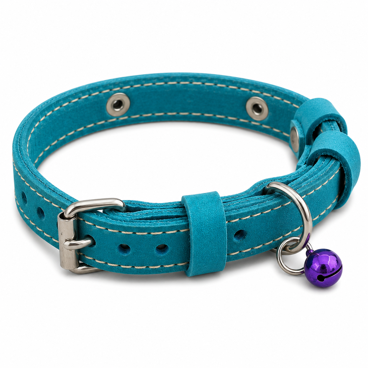 Teal leather dog collar with a purple bell on a white background