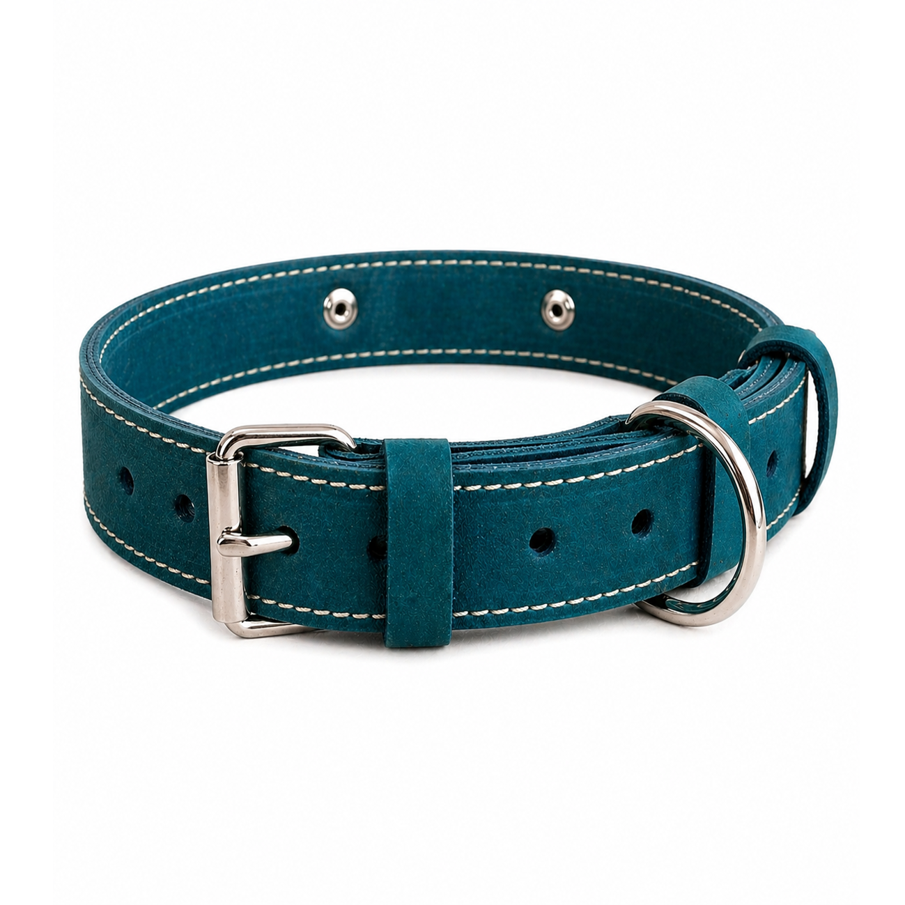 Teal dog collar with silver buckle and ring on a white background