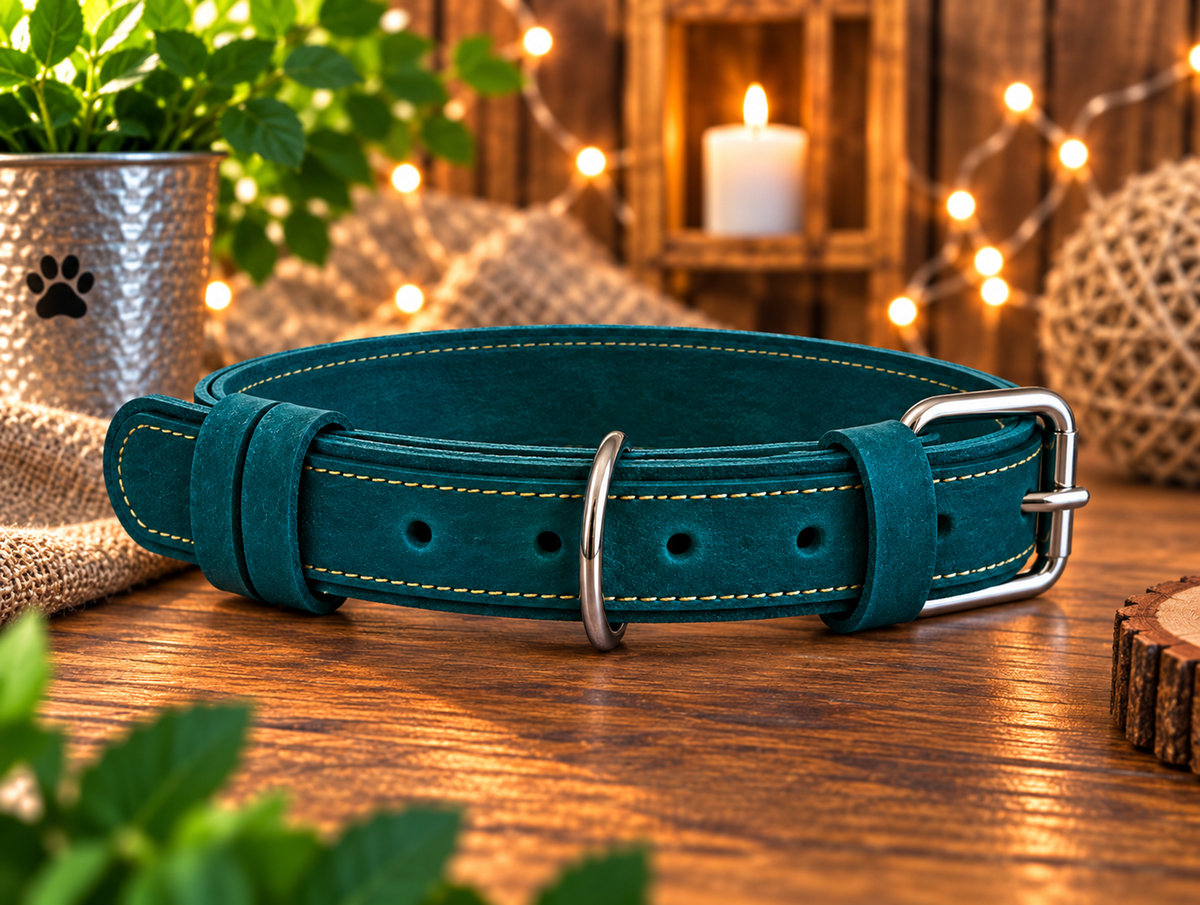 A teal leather dog collar with light yellow stitching and a silver buckle, displayed on a rustic wooden table with a warm, cozy background featuring a candle, fairy lights, and burlap.